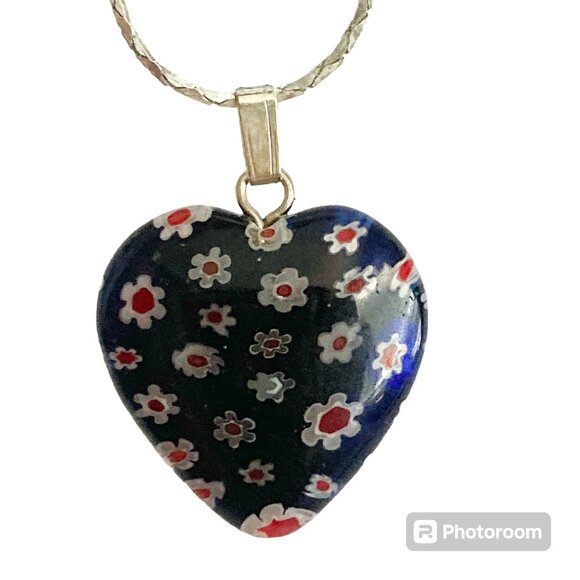 Blue Murano Glass Heart Necklace Millefiori Flowers Vintage Silver Plated 18" - Picture 10 of 10
